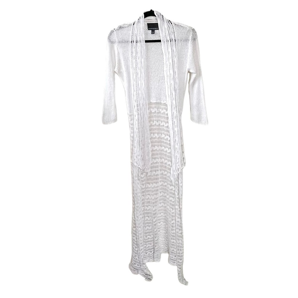 CYNTHIA ROWLEY Linen Cotton Crochet Open Long Knit Cardigan Sweater White S